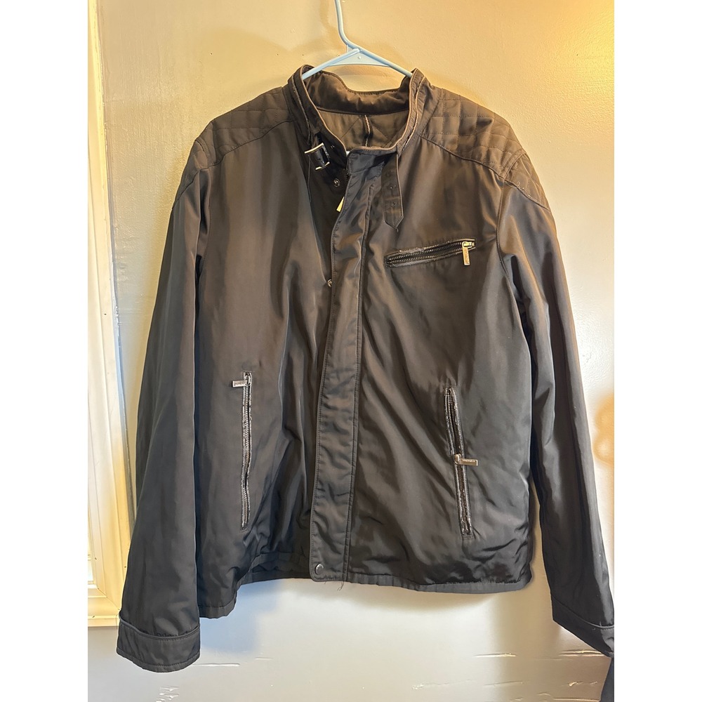 Structure Mens Moto Jacket Black Belted Collar Quilted Shoulder Size XL